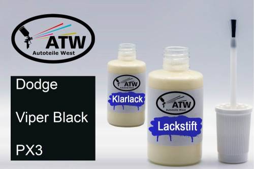 Dodge, Viper Black, PX3: 20ml Lackstift + 20ml Klarlack - Set, von ATW Autoteile West.